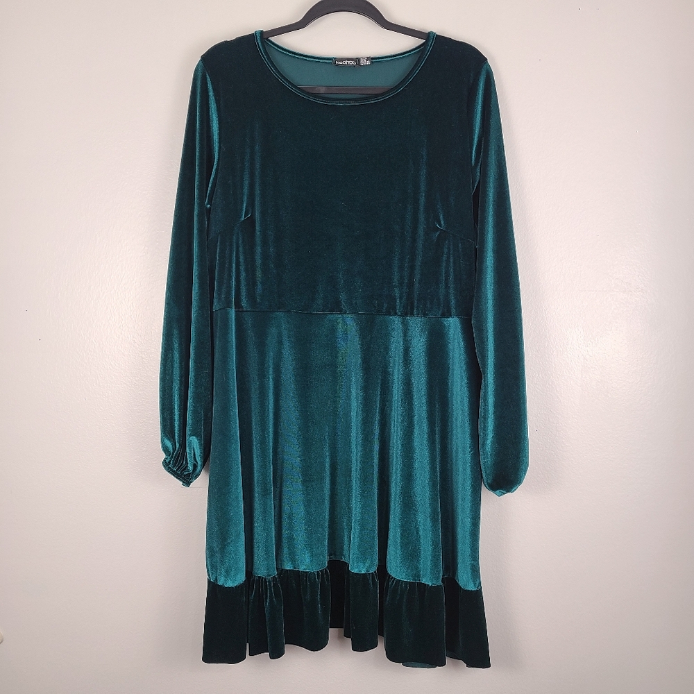 Boohoo Emerald Green Velvet Long Balloon Sleeve Ruffle Tier A-line Dress US 16